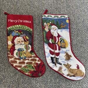 Vintage Needlepoint Christmas Stocking Lot of 2 Santa Velvet Backing